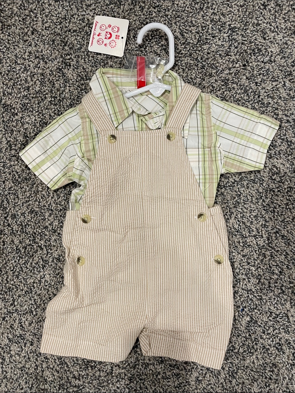 Vintage Hanna Andersson Overalls Matching Set with Green Plaid Shirt 0-3m NWT - Picture 1 of 9